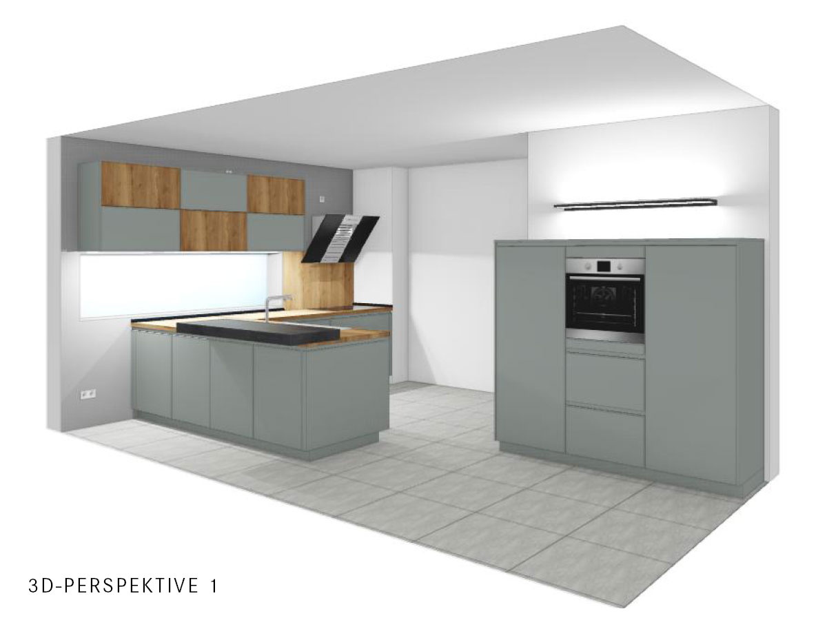 Häcker Einbau-Küche L-Form in Eukalyptus mit Elektrogeräten - Musterküche MGH1