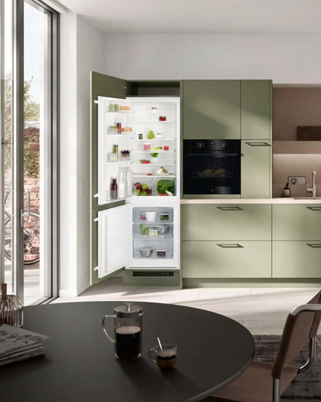 Moderne Küche mit offenem Kühlschrank