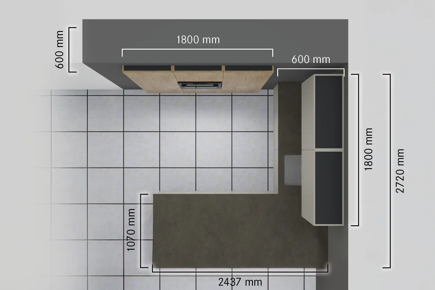 Grundriss einer Küche mit Abmessungen